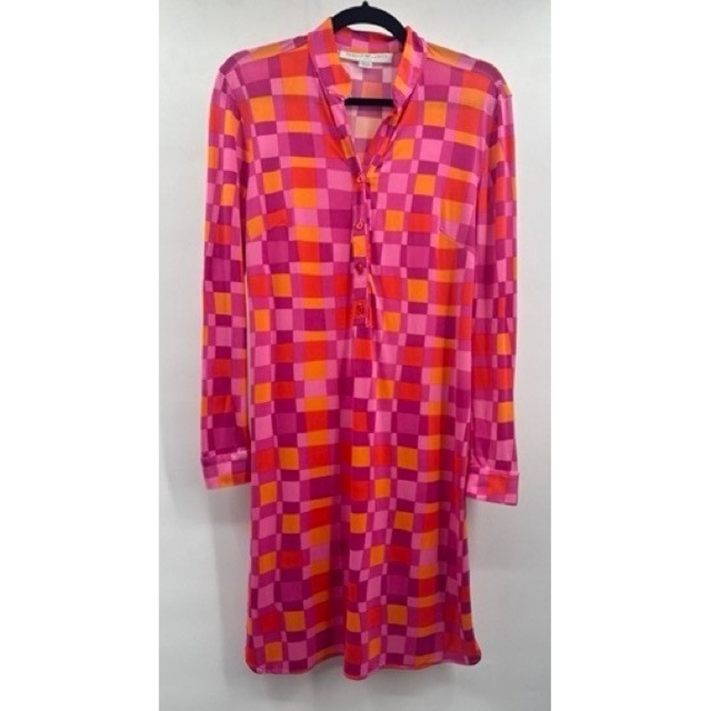 Lesley Evers Pink Orange Checkered Button Shift Dress XS Mod Retro Dopamine